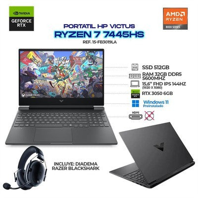 LAPTOP HP VICTUS 15-FB3019LA AMD RYZEN 7-7445H 8GB DDR5 512GB SSD RTX 3050 6GB 15.6" FHD 144HZ FREEDOS (C32S1LA)