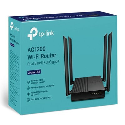 ROUTER TP-LINK ARCHER C64 GIGABIT AC1200 DUAL BAND 2.4GHZ: 400MBPS Y 5GHZ: 867MBPS 4 ANT. MU-MIMO GARANTIA 12 MESES