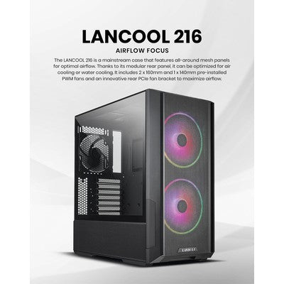 CASE GAMER LIAN LI LANCOOL 216 RGB - MID TOWER - EXTENDED ATX - WINDOWED SIDE PANEL (TEMPERED GLASS) - NO POWER SUPPLY (ATX) - BLACK - USB/AUDIO - CS - LIAN-LI - LANCOOL 216R-X