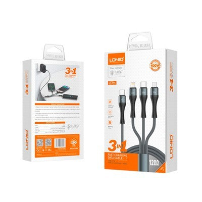CABLE LDNIO LC94C TC 1M 3 EN1 100W (V8-IPH-TC) - CORDÓN BLACK ++.