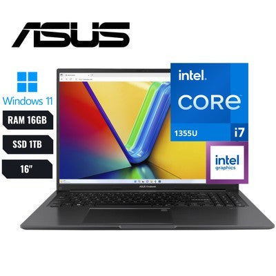 LAPTOP ASUS VIVOBOOK 16" WUXGA INTEL CORE I7-1355U 13ª GEN 16GB RAM 1TB SSD WINDOWS 11 HOME INDIE BLACK